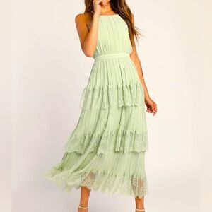 Lulus Came For Cocktails Sage Green Pleated Tiered Lace Maxi Dress